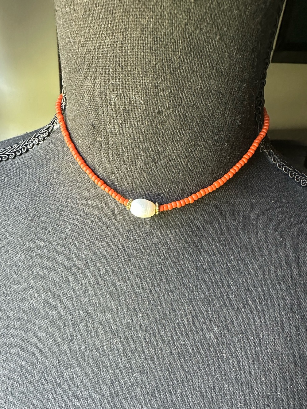 Beaded Orange Choker Necklace with Center Shell Accent